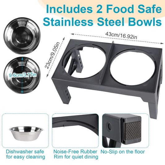 Furvio™Lifting Adjustable Pet Bowl Set,Elevated Pet Bowl Foldable with 1000ml Stainless Steel Bowls for Protects Neck & Joints, Dry/Wet Separation for Dogs and Cats of All Ages