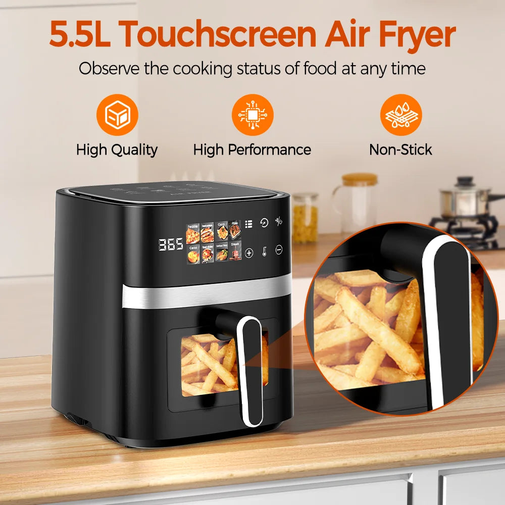 Furvio™Patbrela 5.5L Air Fryer 8-in-1 Electric Hot Oven with Digital LED Screen Visible Window Max 200°C 1350W New Black Non-fat fryer