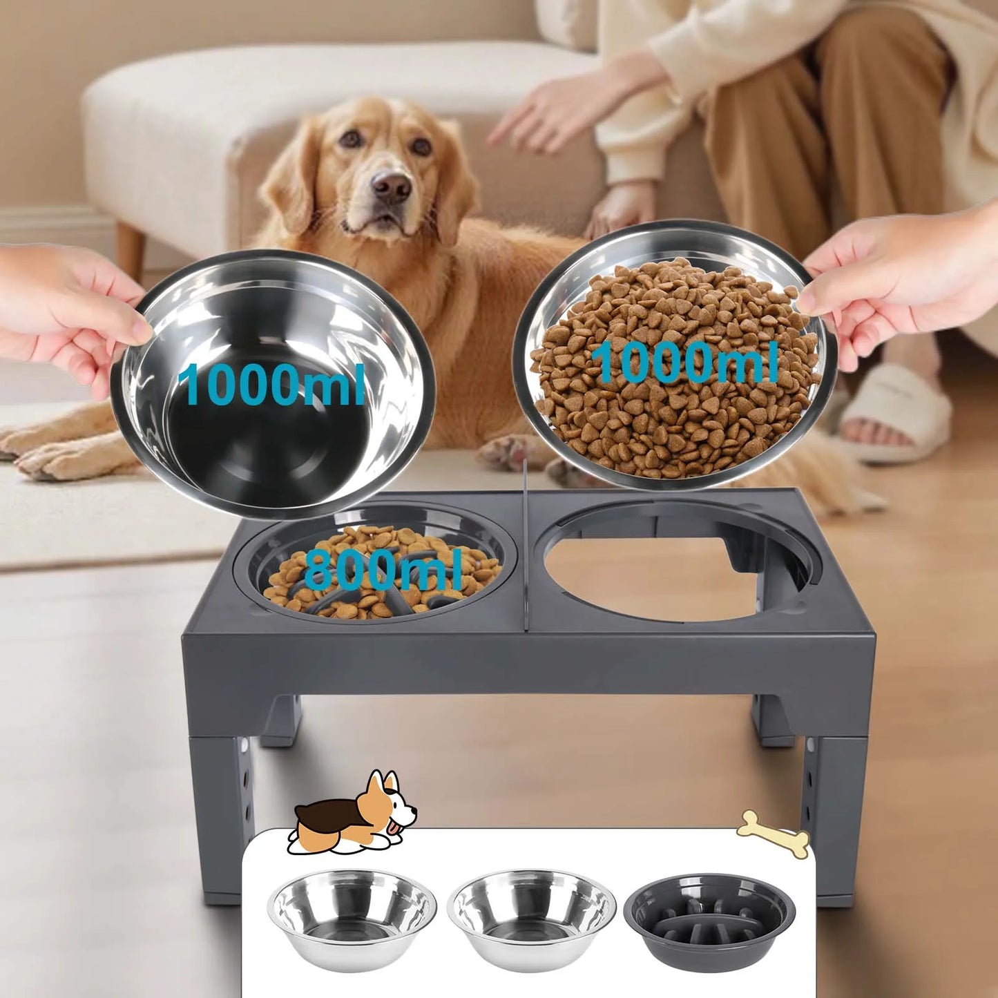 Furvio™Lifting Adjustable Pet Bowl Set,Elevated Pet Bowl Foldable with 1000ml Stainless Steel Bowls for Protects Neck & Joints, Dry/Wet Separation for Dogs and Cats of All Ages