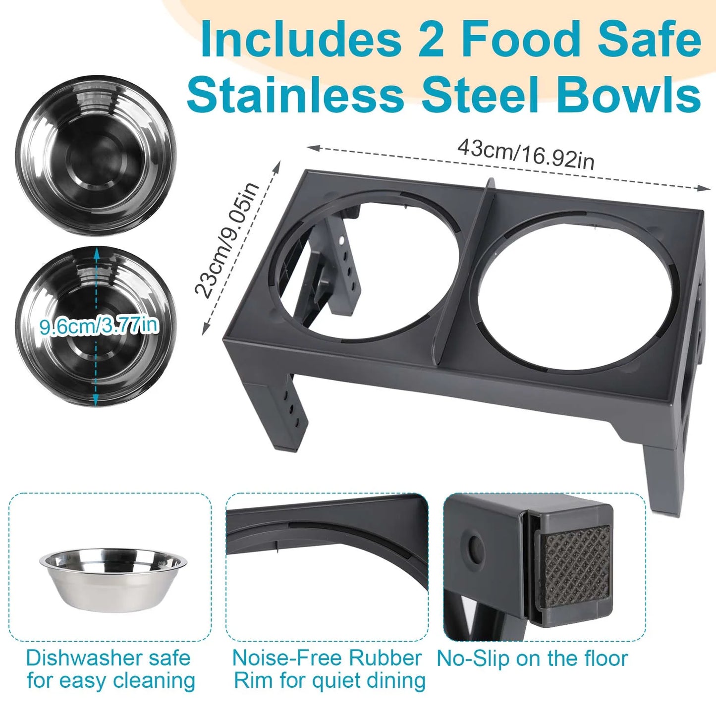 Furvio™Lifting Adjustable Pet Bowl Set,Elevated Pet Bowl Foldable with 1000ml Stainless Steel Bowls for Protects Neck & Joints, Dry/Wet Separation for Dogs and Cats of All Ages