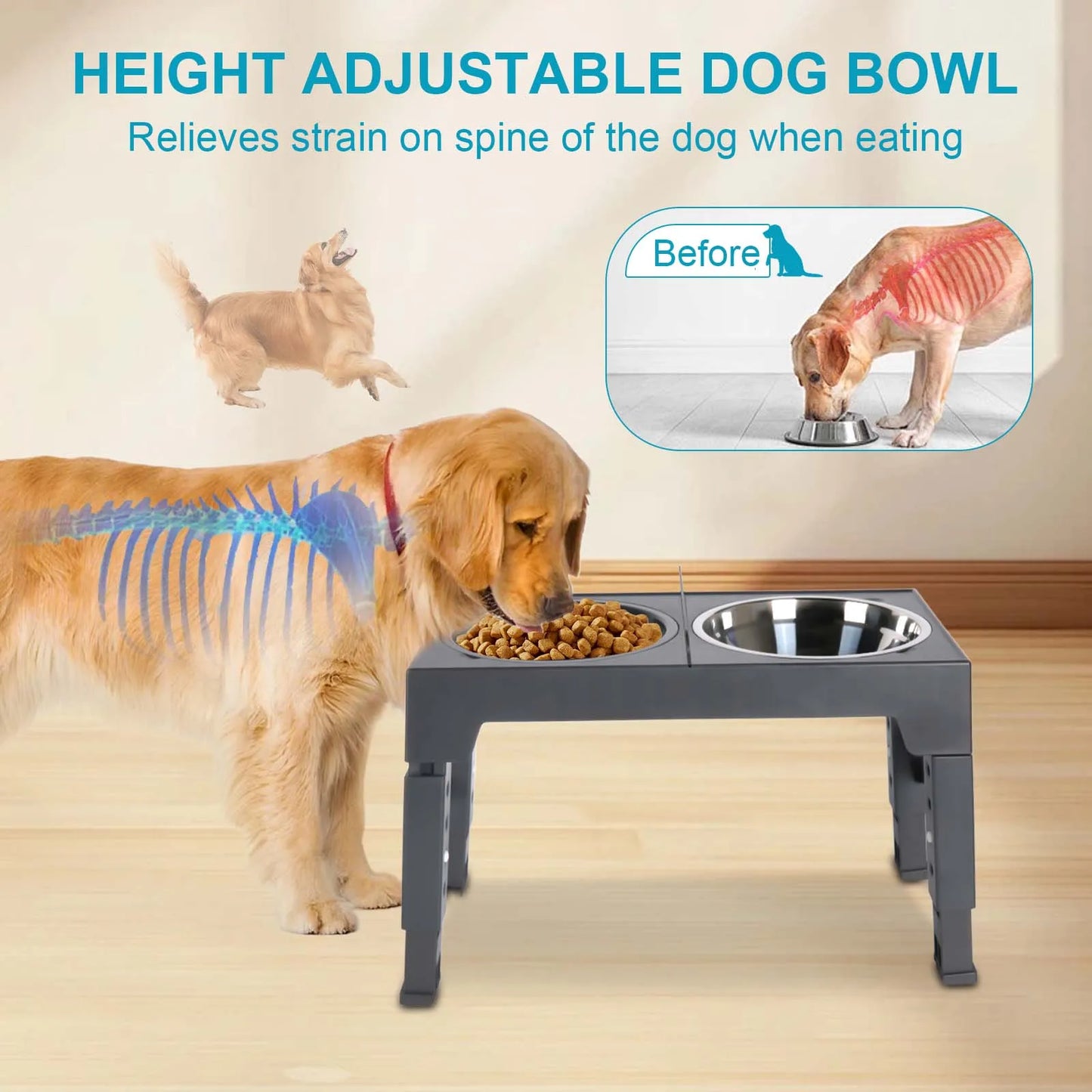 Furvio™Lifting Adjustable Pet Bowl Set,Elevated Pet Bowl Foldable with 1000ml Stainless Steel Bowls for Protects Neck & Joints, Dry/Wet Separation for Dogs and Cats of All Ages