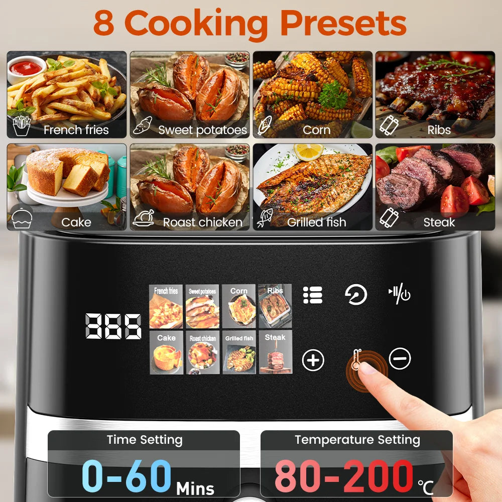 Furvio™Patbrela 5.5L Air Fryer 8-in-1 Electric Hot Oven with Digital LED Screen Visible Window Max 200°C 1350W New Black Non-fat fryer