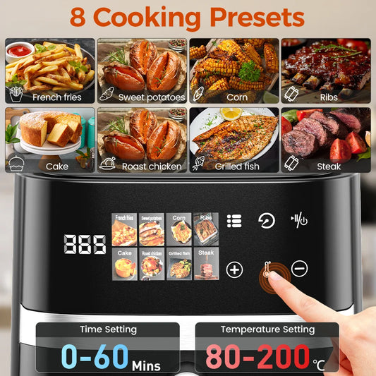 Furvio™Patbrela 5.5L Air Fryer 8-in-1 Electric Hot Oven with Digital LED Screen Visible Window Max 200°C 1350W New Black Non-fat fryer