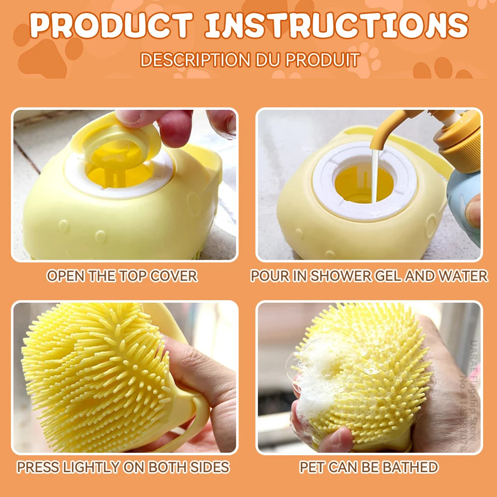 Furvio™Dog Bathing Brush Pet Massage Brush Shampoo Dispenser Soft Silicone Brush Rubber Bristle for Dogs and Cats Shower Grooming Tool