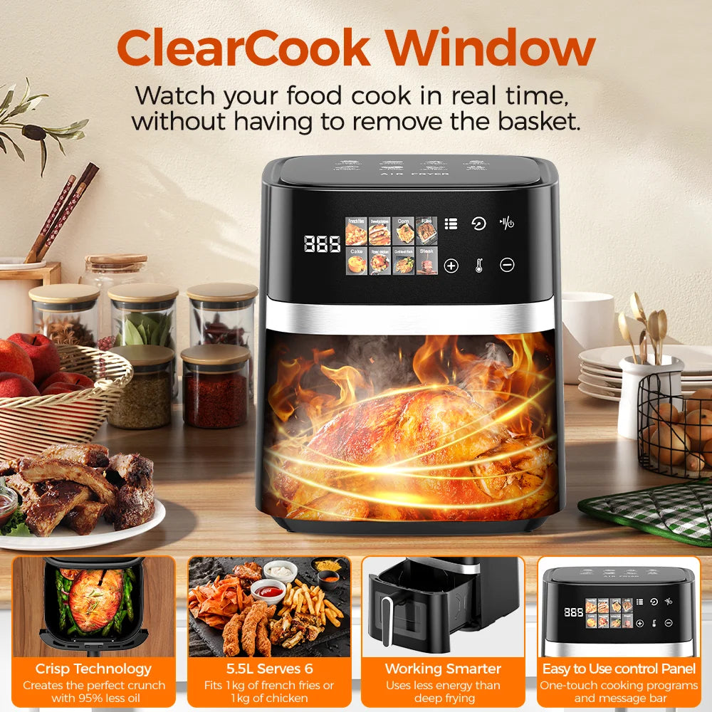 Furvio™Patbrela 5.5L Air Fryer 8-in-1 Electric Hot Oven with Digital LED Screen Visible Window Max 200°C 1350W New Black Non-fat fryer