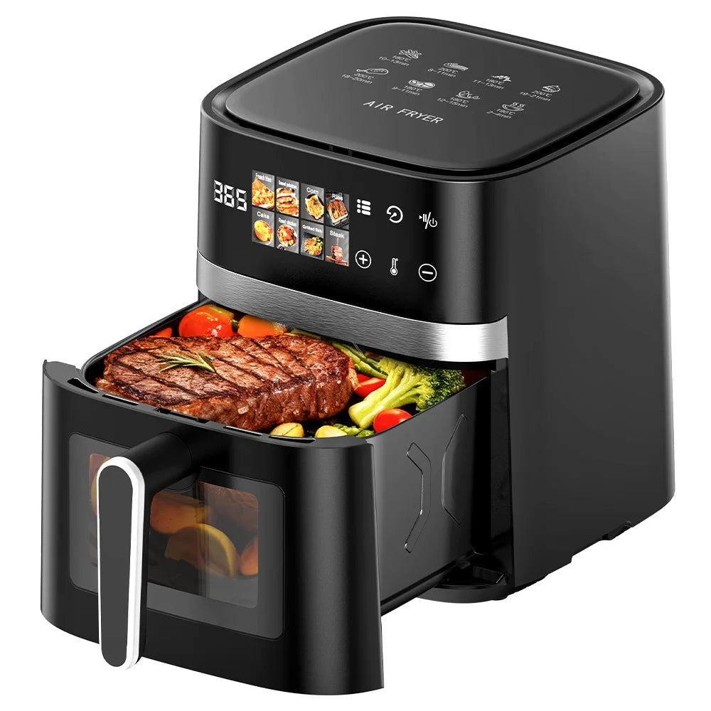 Furvio™Patbrela 5.5L Air Fryer 8-in-1 Electric Hot Oven with Digital LED Screen Visible Window Max 200°C 1350W New Black Non-fat fryer