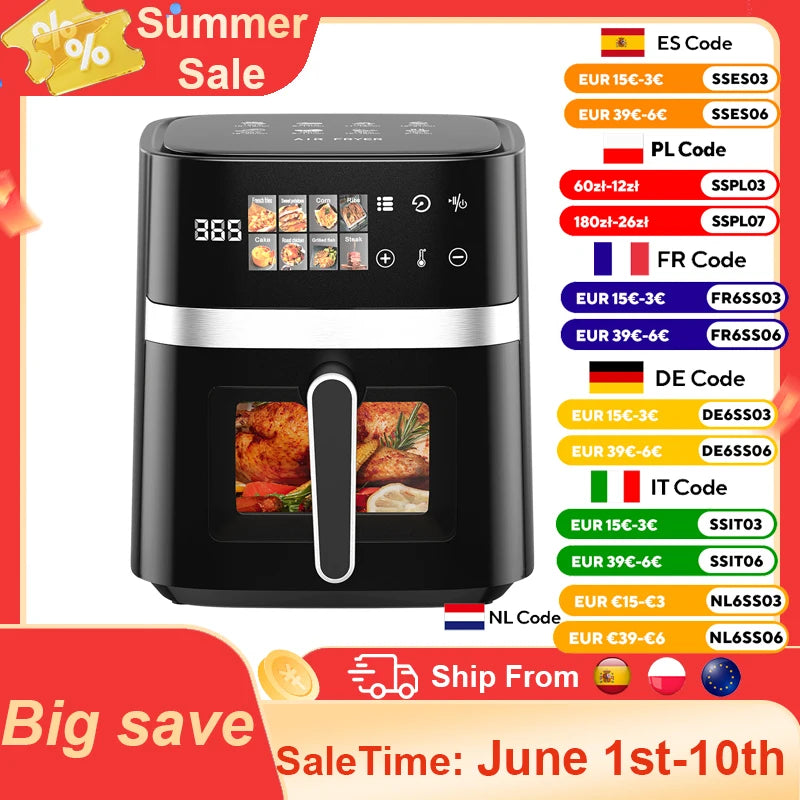 Furvio™Patbrela 5.5L Air Fryer 8-in-1 Electric Hot Oven with Digital LED Screen Visible Window Max 200°C 1350W New Black Non-fat fryer
