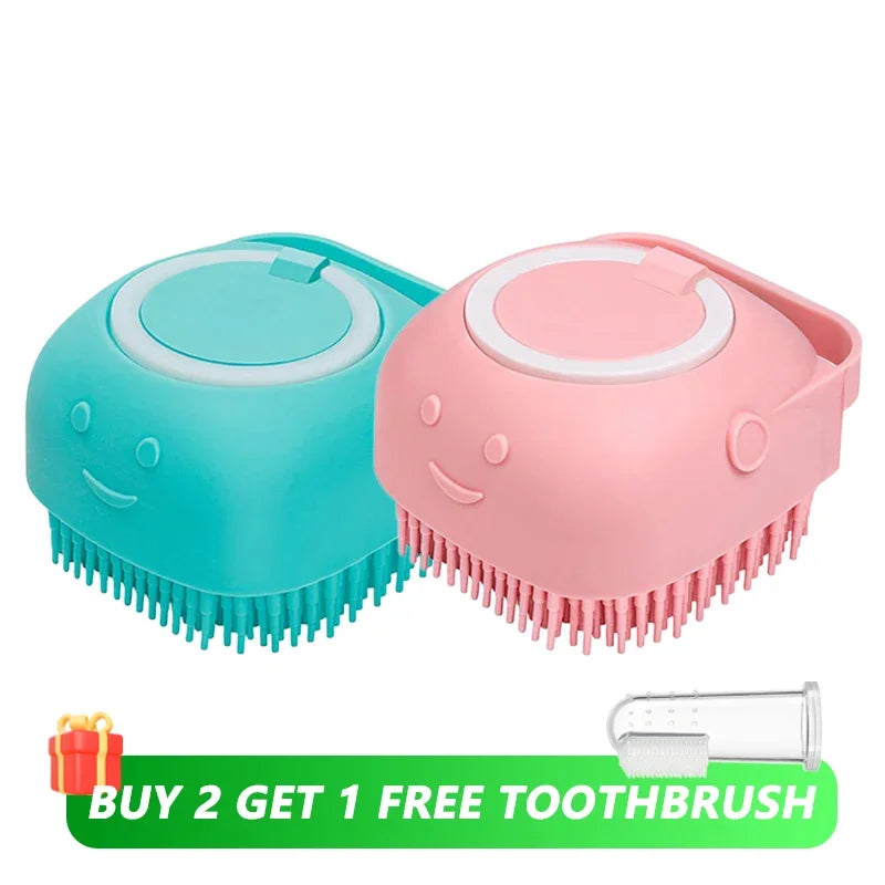 Furvio™Dog Bathing Brush Pet Massage Brush Shampoo Dispenser Soft Silicone Brush Rubber Bristle for Dogs and Cats Shower Grooming Tool