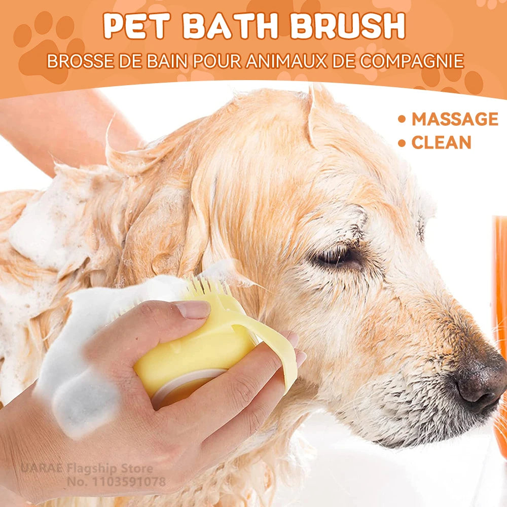 Furvio™Dog Bathing Brush Pet Massage Brush Shampoo Dispenser Soft Silicone Brush Rubber Bristle for Dogs and Cats Shower Grooming Tool