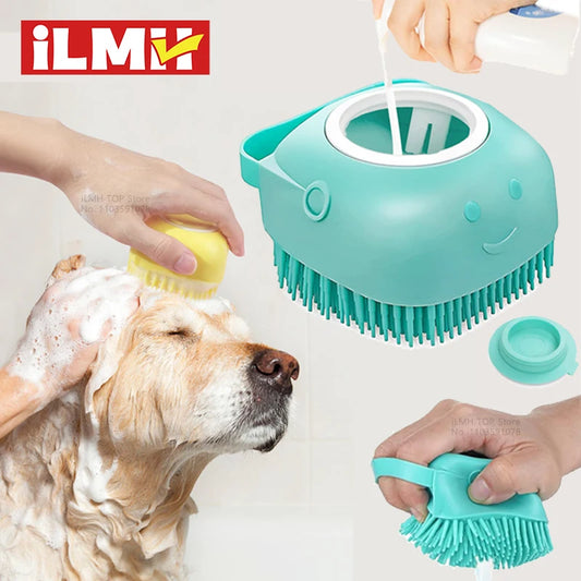 Furvio™Dog Bathing Brush Pet Massage Brush Shampoo Dispenser Soft Silicone Brush Rubber Bristle for Dogs and Cats Shower Grooming Tool